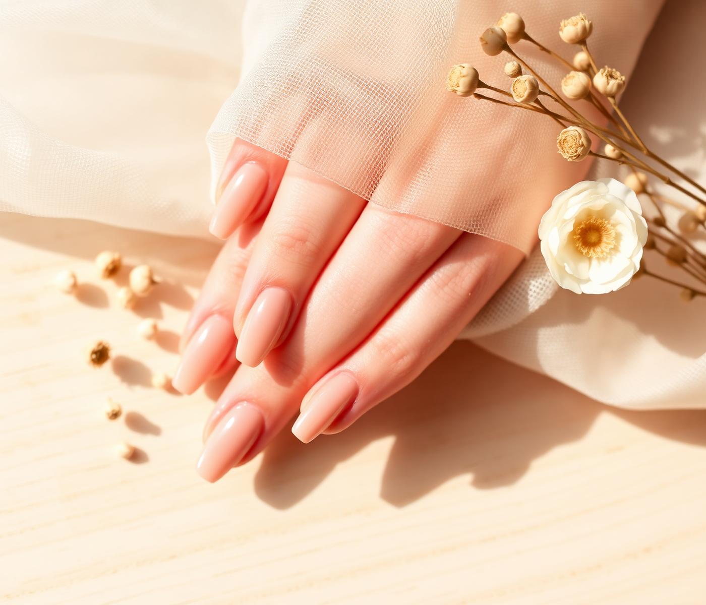 Pose d'ongles nude en gros plan, lumière chaude