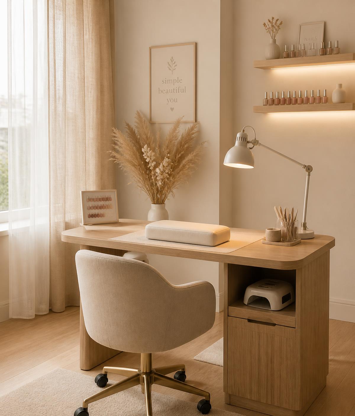 Le local, table de manucure en bois clair et lumière douce